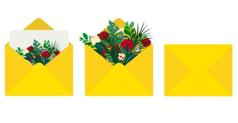 Congratulation. A bouquet of flowers in a paper envelope. Letter with ornamental plants. Floral card. Isolated, flat cartoon style image. Vector illustration.