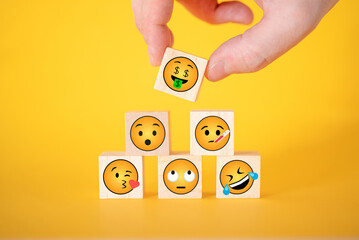 TERNOPOL, UKRAINE - May 29, 2022: Emoji yellow face dice set.