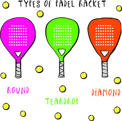 padel vector rackets set : different shapes. Drop, diamond, round padel racket. hand drawn funny pattern
