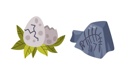 Dinosaur Cracked Egg on Green Leaf and Grey Stone Vector Set