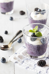 Blueberry chia pudding parfaits against a light background.