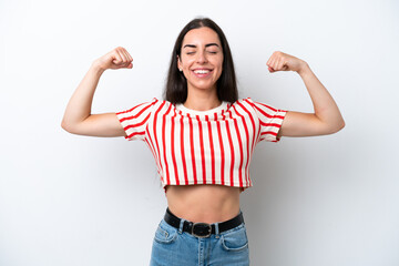 Young caucasian woman isolated on white background doing strong gesture