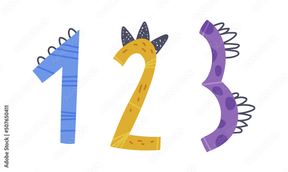 Poster dinosaur number or numeral with spikes isolated on white background vector set