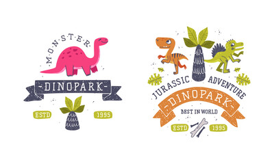 Fototapeta premium Dino Island and Dino Park Family Entertainment Emblem with Funny Dinosaur and Comic Jurassic Predator Vector Set