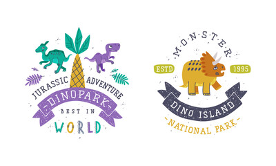 Dino Island and Dino Park Family Entertainment Emblem with Funny Dinosaur and Comic Jurassic Predator Vector Set
