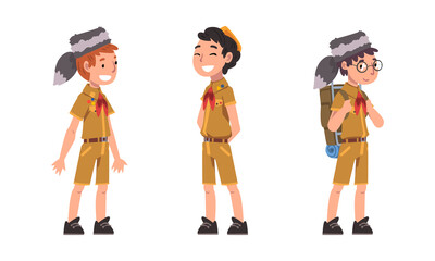 Scouting children set. Cheerful boys in explorer outfit cartoon vector illustration