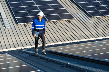 Portrait of Asian engineer on background field of photovoltaic solar panels solar cells on roof top factory.