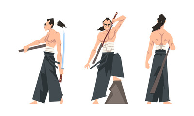 Samurai warriors set. Aggressive asian fighters with swords cartoon vector illustration