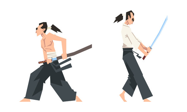 Samurai warrior in action set. Aggressive asian fighter with katana sword cartoon vector illustration