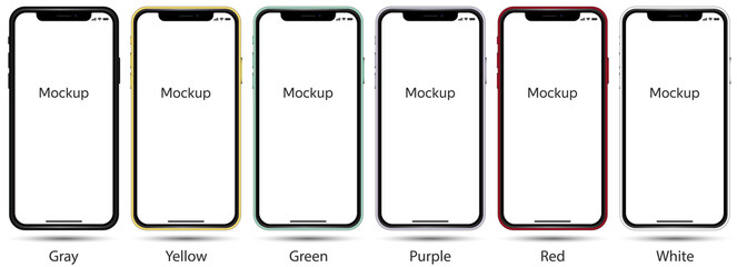 Fototapeta na wymiar Set of Smartphone Mockup. Color: Gray, Yellow, Green, Purple, Red, White. Stock Vector
