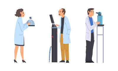 Scientists in lab. Physicists in white coats doing scientific experiment with laboratory equipment cartoon vector illustration