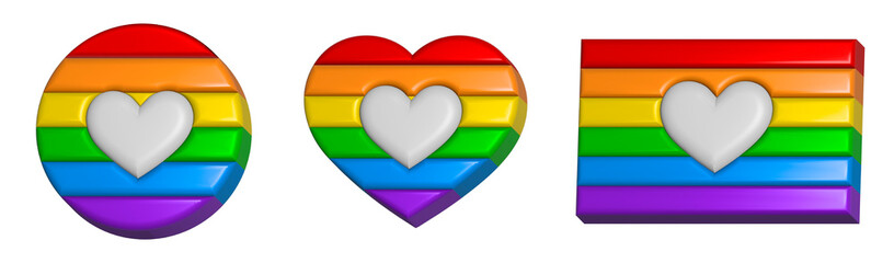 Happy pride month. Set of rainbow icons with white heart. Love is love, rainbow flag, lgbt pride. Heart-shaped and round logos. Human rights and tolerance