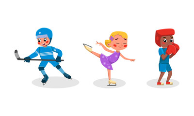 Cute kids doing sports set. Girl and boy playing hockey, figure skating and boxing cartoon vector illustration