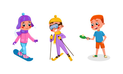 Cute kids doing sports set. Girl and boy skiing, snowboarding and playing table tennis cartoon vector illustration