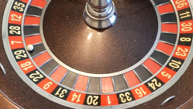 Ball on wooden french roulette table in casino. Wheel spinning, turning or rotating. Odd and even numbers, black, red and zero sectors. Bets in game of chance. Money playing, gambling or risky betting
