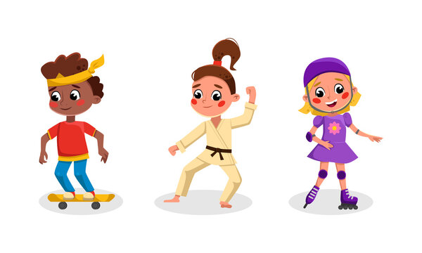 Cute kids doing sports set. Girl and boy riding skateboard, practicing martial arts and roller skating cartoon vector illustration