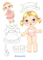 Freehand drawing of a paper doll with a romantic dress for coloring,