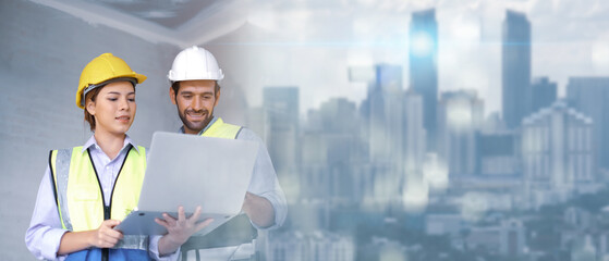 Architecture engineering teamwork meeting at workplace concept. engineer architect wearing safety...