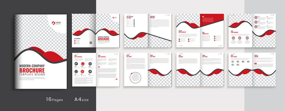 Red & black A4 size Multipage business brochure template layout design, 16 pages business profile brochure design, modern bi-fold brochure fully editable template