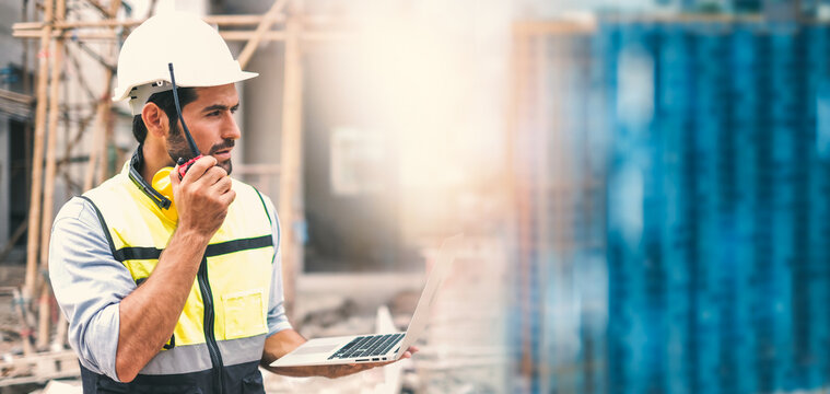 Professional engineering, worker,  man Quality control, maintenance, check in factory, Construction concept. Architecture engineering at workplace. engineer architect wearing safety helmet.