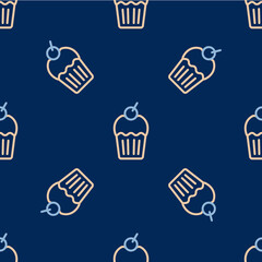 Line Muffin icon isolated seamless pattern on blue background. Vector