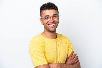 Young Brazilian man isolated on white background With glasses with happy expression