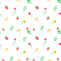 Vector seamless pattern with wildflowers and strawberry. Illustration for fabric, textile, wallpaper, background.