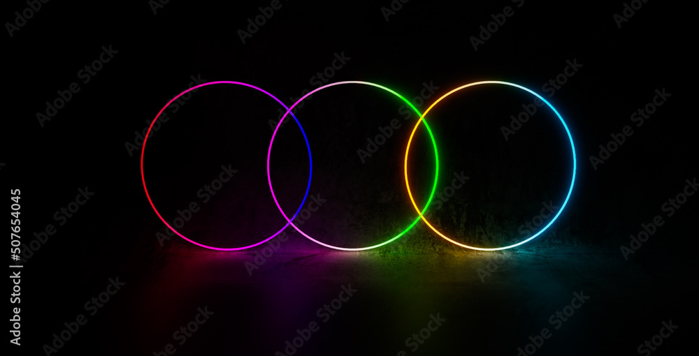 Aufkleber Three circle with neon light design, 3D illustrations rendering