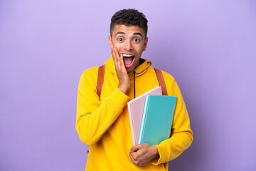 Young student Brazilian man isolated on purple background with surprise and shocked facial...