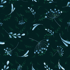 Hand drawn seamless pattern with wild meadow flowers and plants on indigo background.