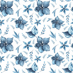 Watercolour seamless background with blue indigo flowers. 