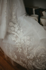 Fototapeta na wymiar Beautiful wedding dresses on a hanger stock photo.