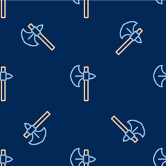Line Medieval axe icon isolated seamless pattern on blue background. Battle axe, executioner axe. Medieval weapon. Vector
