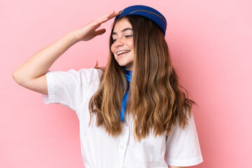 Airplane stewardess caucasian woman isolated on pink background has realized something and...