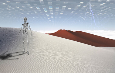 Skeleton in surreal desert - obrazy, fototapety, plakaty