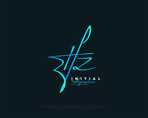 HZ Initial Logo Design with Elegant Blue Handwriting Style. HZ Signature Logo or Symbol for Wedding, Fashion, Jewelry, Boutique, Botanical, Floral and Business Identity