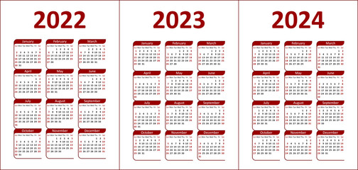 Calendar 2022, 2023 and 2024. Red and black letters and figures on a white background. Week starts on Sunday. 
