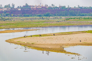 Yamuna ghat river at Taj Mahal panorama in Agra India.