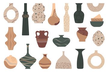 Ceramic, vases, earthenware bowls. A set of ceramic jugs and vases. Collection of decorative elements of vases for interior.