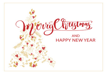 Vector. Merry Christmas and Happy New Year floral background, text design. Rustic horizontal template for a Christmas card, party invitation and other promotional items. Hand-drawn sketch.