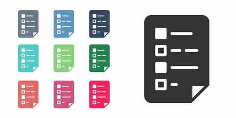 Black Clipboard with checklist icon isolated on white background. Control list symbol. Survey poll or questionnaire feedback form. Set icons colorful. Vector