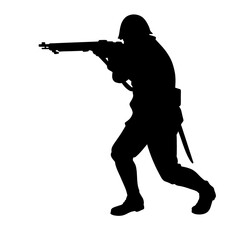 Black and white silhouette of a soldier with a weapon. A special forces soldier aims and shoots a rifle or a machine gun at the enemy
