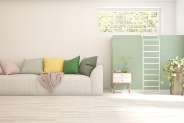 White living room with sofa. Scandinavian interior design. 3D illustration