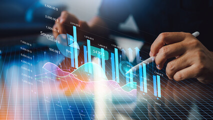 Business analysis big data screen and economic growth with financial graph. Concept of virtual dashboard technology digital marketing and global economy network connection. 3D illustration.