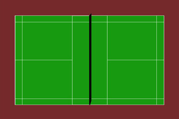 Recreational sport of badminton court in Asia looking at an empty green vector court and clay colored background.	