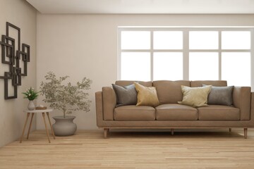 White living room with sofa. Scandinavian interior design. 3D illustration