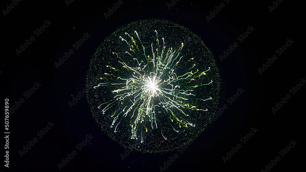 Poster abstract energy lines inside sphere on black background. animation. abstract flash of energy plasma 