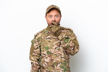Military man isolated on white background surprised and shocked while looking right