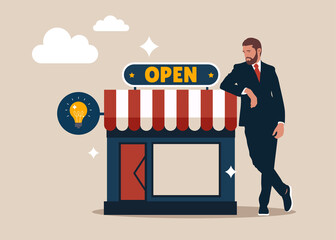 Entrepreneur standing with his new opening company or store front. Owner and entrepreneur start small business or retail shop, open store front or online shop concept.