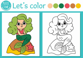 Pirate coloring page for children with cute mermaid. Vector treasure island outline illustration. Color book for kids with colored example and sea princess. Drawing skills printable worksheet.